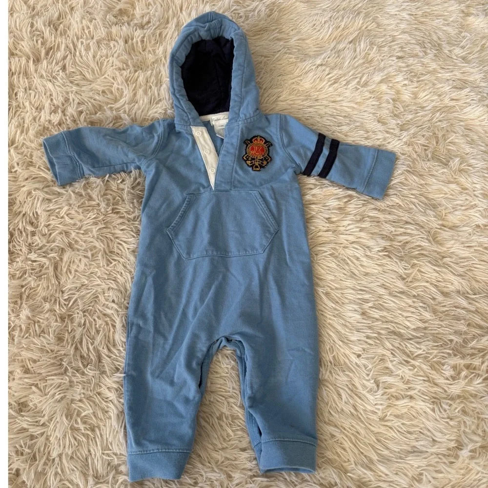Ralph Lauren Baby Boys Bundle 3 Blue Hooded‎ Romper & Chambray Button Up Set 9M